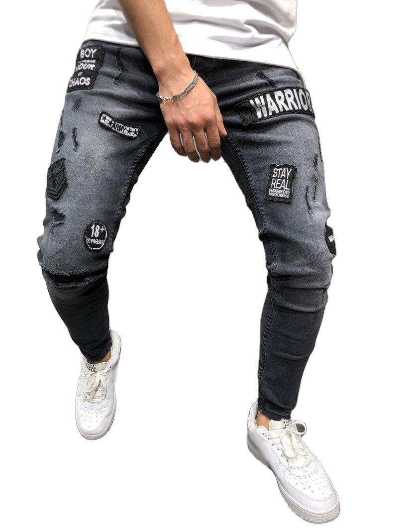 Skinny Gat Ripped Denim Jeans Voor Mannen Hip Hop Slim Fit Streetwear Patchwork Badge Verontruste Zwart Potlood Broek