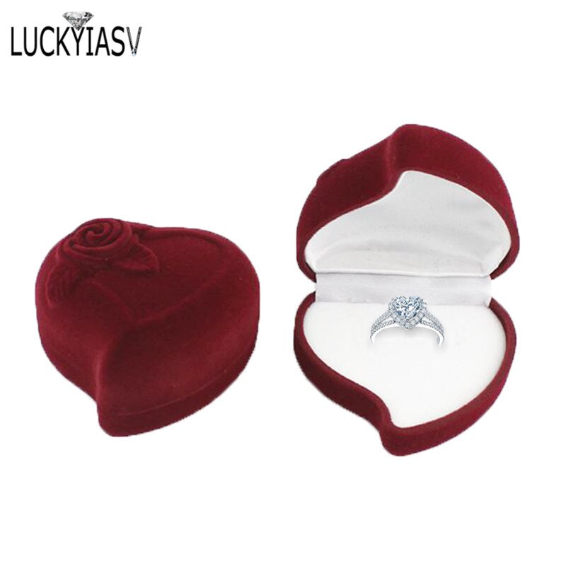 8 Kleur Hartvorm Fluwelen Ring Box Engagement Bruiloft Sieraden Dozen Rose Bloem Houder Voor Lover: Dark Red