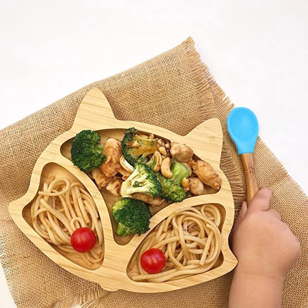 Assiette de mouton en bambou pour bébé, bol d'alimentation à aspiration en Silicone, ensemble de cuillère à succion, bol de renard , vaisselle, outils de cuisine: BU