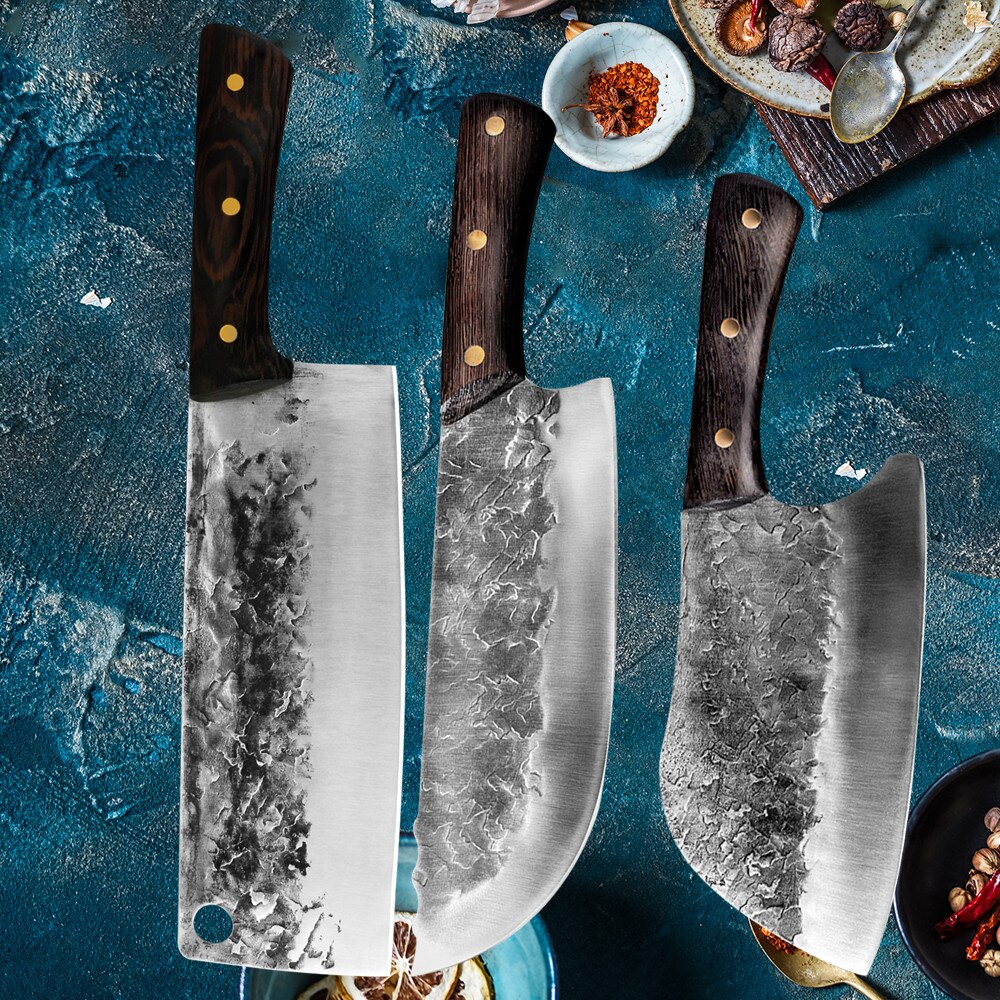 Traditional Forged Kitchen Knife Set Handmade Hammer Stainless Steel Chef's Chopper Cooking Knives Meat Slicer Butcher Knife: 3 Pcs Set 2