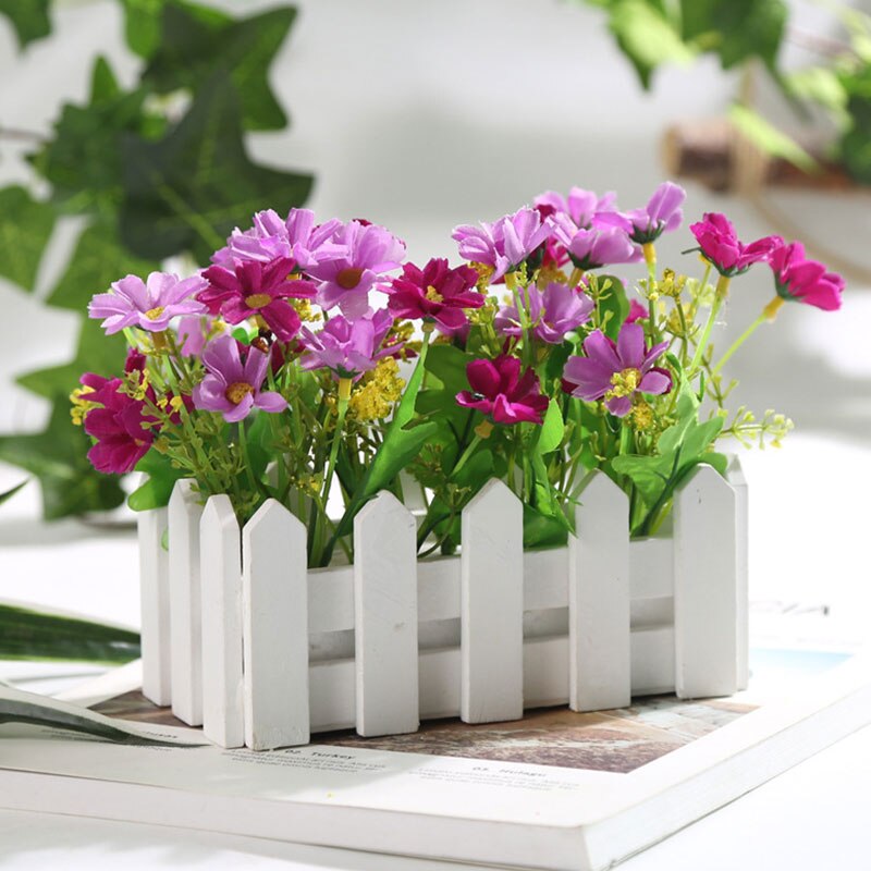 1 Set White Wooden Fence Artificial Flower Floral Artificial Plants Holder Home Garden Decor Ornament