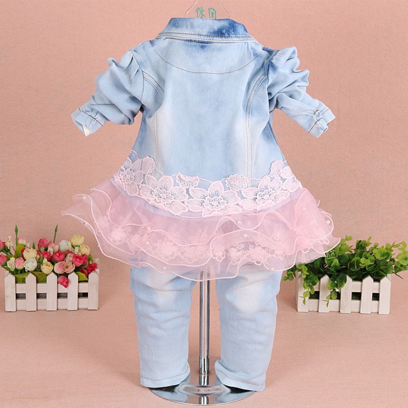Niños conjunto, ropa de bebé niña 3 piezas traje de chaqueta pantalones de mezclilla otoño primavera ropa jeans para bebé niño chico Rosa kit de bebe