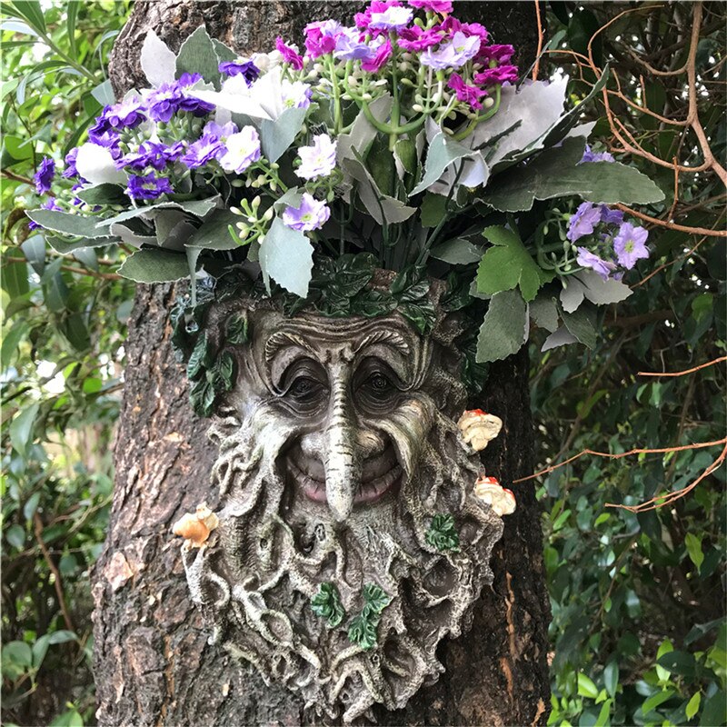 Udendørs dekoration harpiks statue træ vedhæng skulptur til hjemmet havearbejde svamp smilende ansigt kan sætte blomster jsys