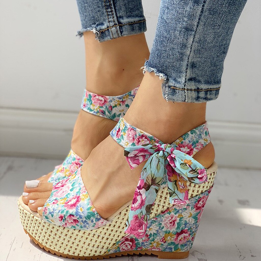 Zomer Wig Sandalen Vrouwen Dames Platform Wiggen Hak Sandalen Bloemen Strik Lace-Up Schoenen Open Teen dames Schoenen