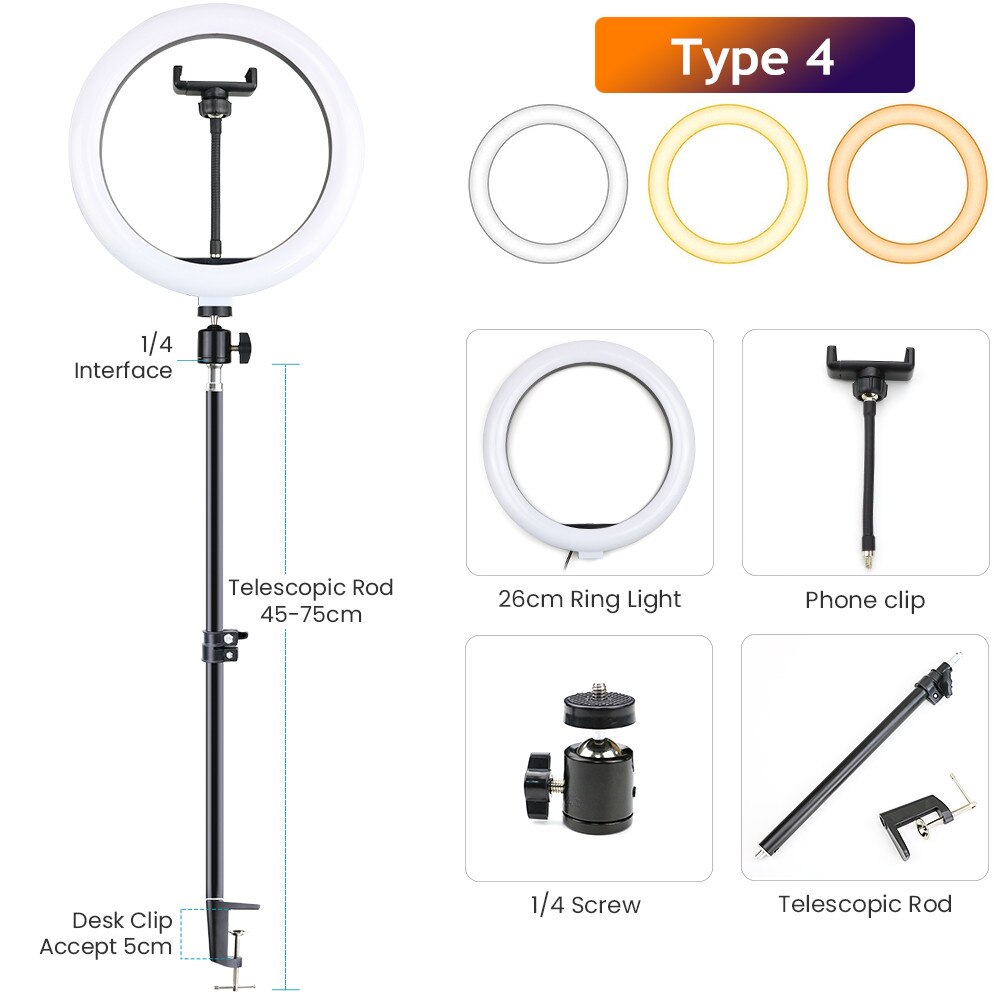 LED Ring Light - Dimmable Selfie Lamp with Stretchable Phone Holder Clip for Live Photo Studio: Type 4