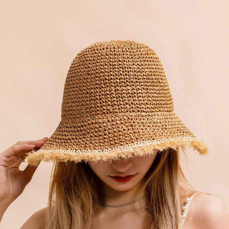 Chapéu de palha de crochê para mulheres verão artesanal oco panamá ráfia papel borla borda praia chapéus uv proteger dobrável viseira de sol