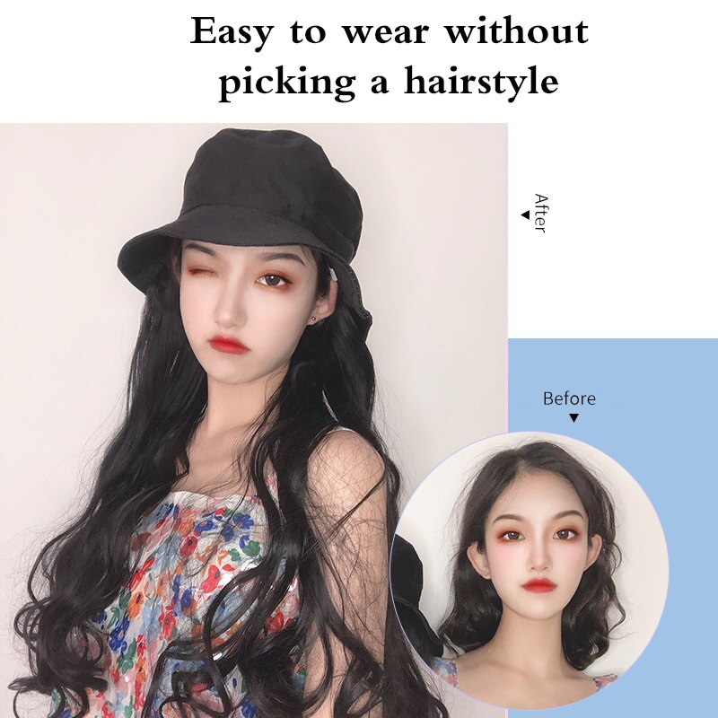 Perruque synthétique longue avec cheveux ondulés/lisses et chapeau bob noir avec extension capillaire