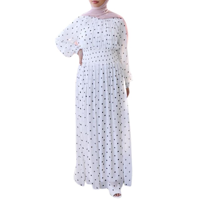 Abaya muslimsk kjole til kvinder priktrykte damekjoler islamiske abayas chiffon stativ krave muslimsk tøj: Hvid / Xxl