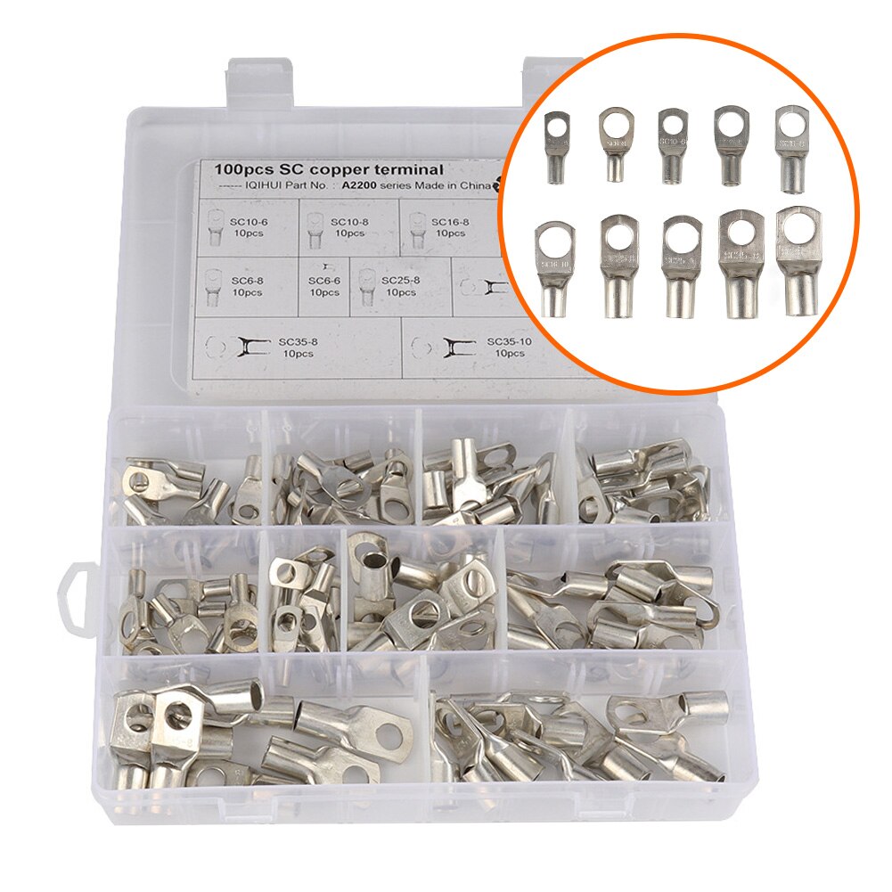 MJJEsports 100 stuks koperen kabel Lugs Kit SC6-6 ~SC35-10 elektrische klemmenblok draad connectoren