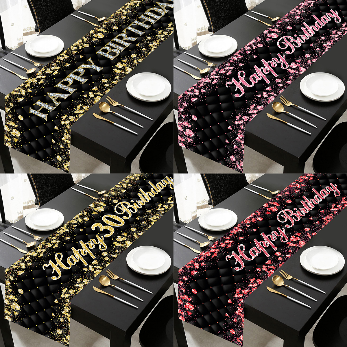 Chemin de Table d'anniversaire en or noir, couverture de Table d'anniversaire, nappe, décoration de fête pour la maison, anniversaire adulte, 18 30 40 50