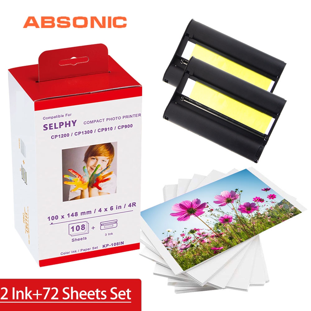 for Canon Selphy Ink Paper Set 2 Ink Cartrdige+72 Sheet Photo Paper for Canon Selphy Printer CP1200 CP1300 CP910 CP900 KP-36IN