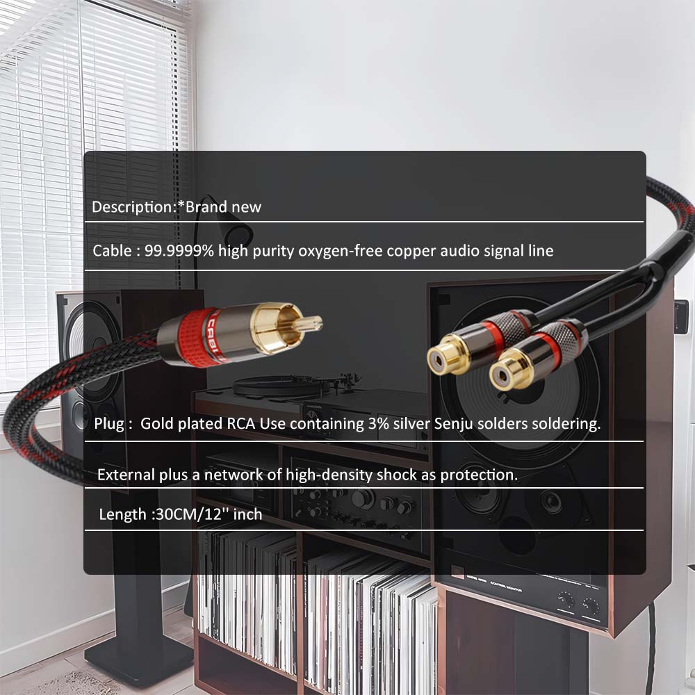 Y splitter Adapterkabel Gullbelagt RCA Hann til 2 RCA Hunn 30cm til Bil MP3