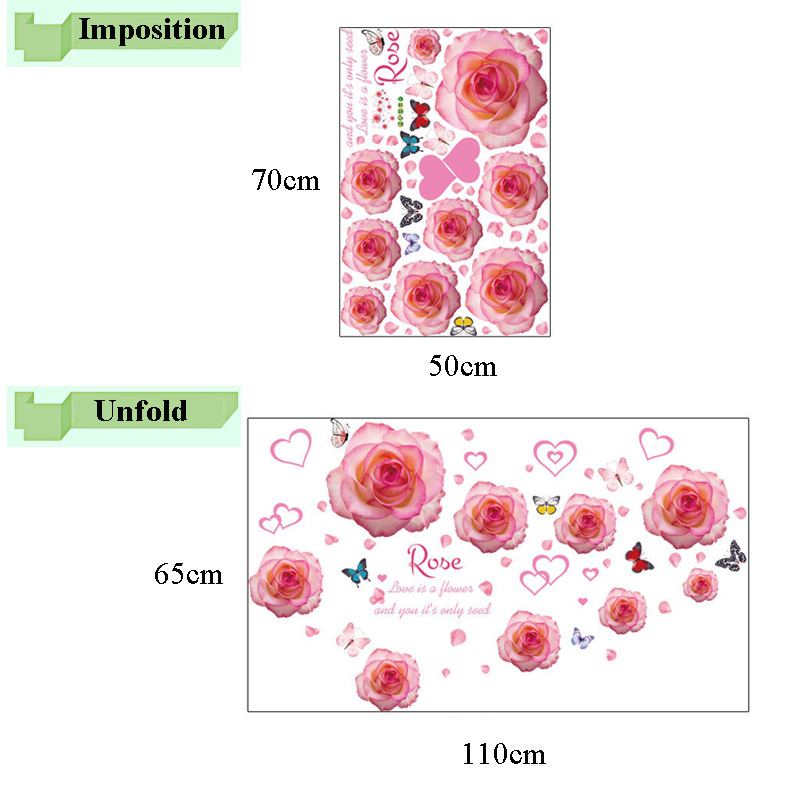Pink Rose Wall Decals for Bedroom Living Room Cabinet Decoration Wallpaper Mural DIY Self-adhesive PVC Wall Stickers Flowers