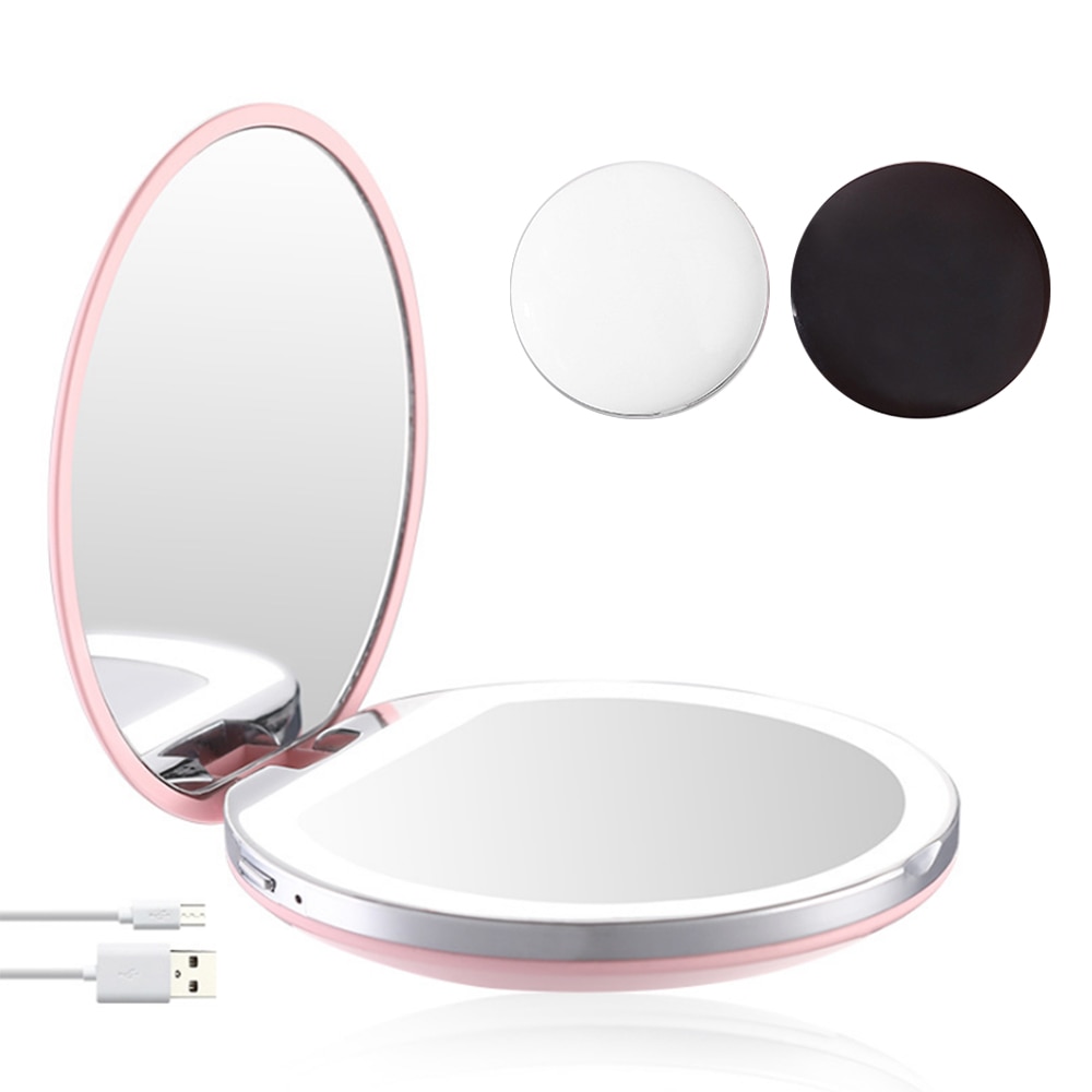 3 luces mini espejo de maquillaje portátil redondo espejo de luz de relleno 3X Magnify Fold USB Cable de conexión batería incorporada espejo recargable