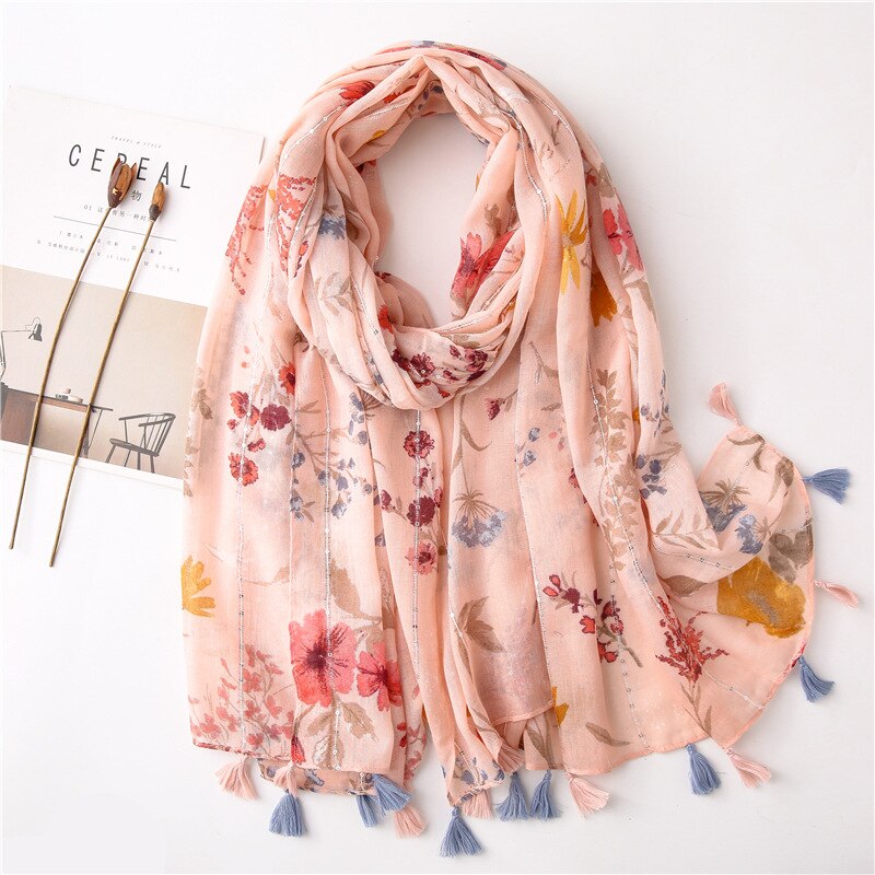 Visose halsduk kvinnor handgjorda paljetter halsdukar sjalar blomma blomma tryckt halsduk tofsar pashmina filt foulard scarfs: Default Title
