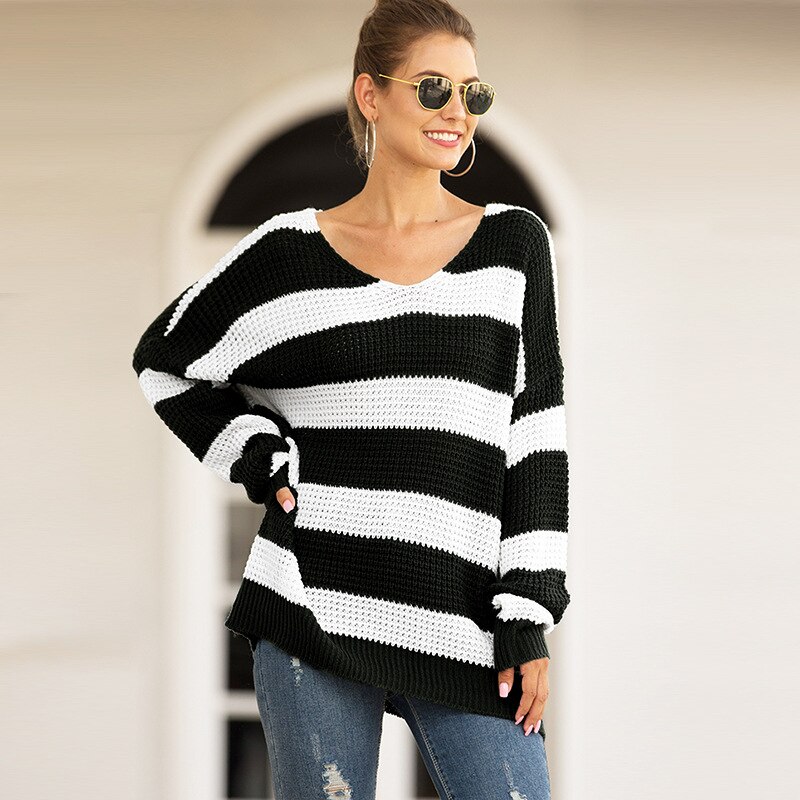 Women’s Strip Color Block Sweater Long Sleeves Warm Knitted Stitching Color Round Neck Loose Pullovers Jumper Tops: S / Black