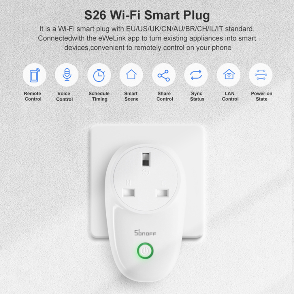 SONOFF S26 WiFi Smart Socket AU/US/EU/BR Wireless Plug Smart Home Switch Work With Alexa Google Assistant IFTTT