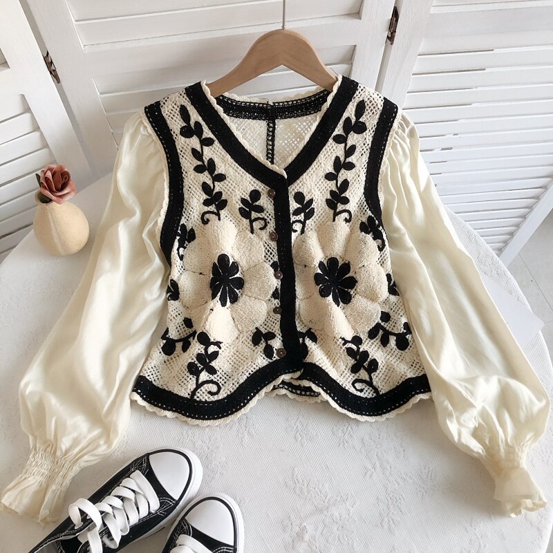 2022 Lente Zomer Chemise Femme Lange Mouwen Borduren Uitgeholde Bloem Losse Vest Shirt Veelzijdige Vrouwen Dragen Kleding: 2