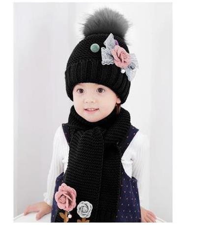 Doitbest flower children's winter hat beanies sets velvet wool kids boys Knit fur hats winter 2 pcs baby girl scarf set: black