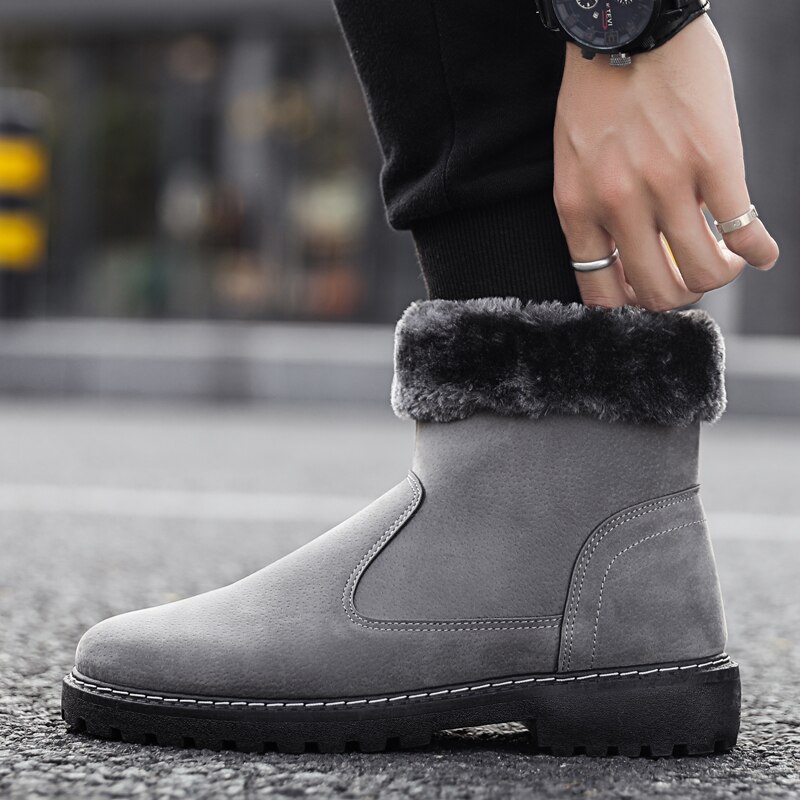 Klassieke Mode Mannen Enkel Echt Leer Snowboots Shearling Wol Bont Gevoerde Winter Laarzen Houden Warme Schoenen Waterdicht Grijs