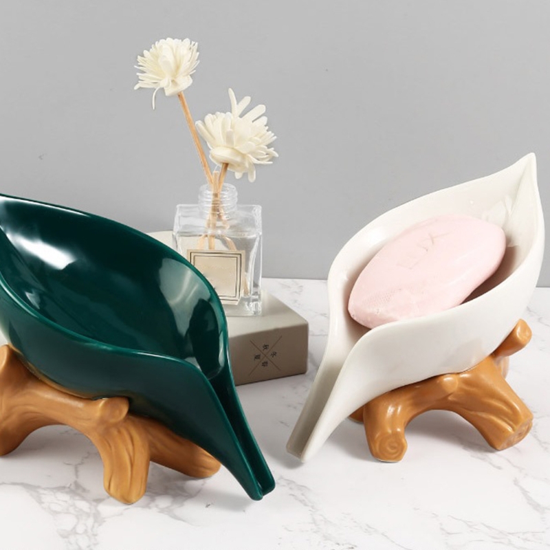 Jabonera creativa con hojas de cerámica para el hogar, soporte de drenaje nórdico para el baño, contenedor de jabón para la cola