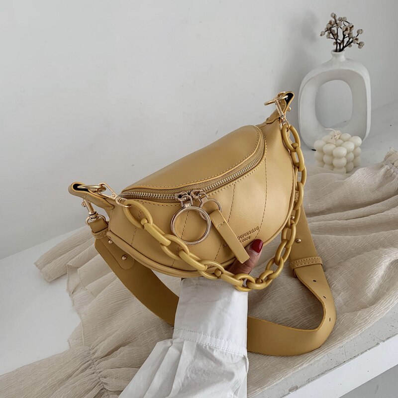 in Messenger Bag Women Hobos Letter Chains Single Shoulder Chest Pu Leather Handbag Wide Straps Day Clutches: Yellow
