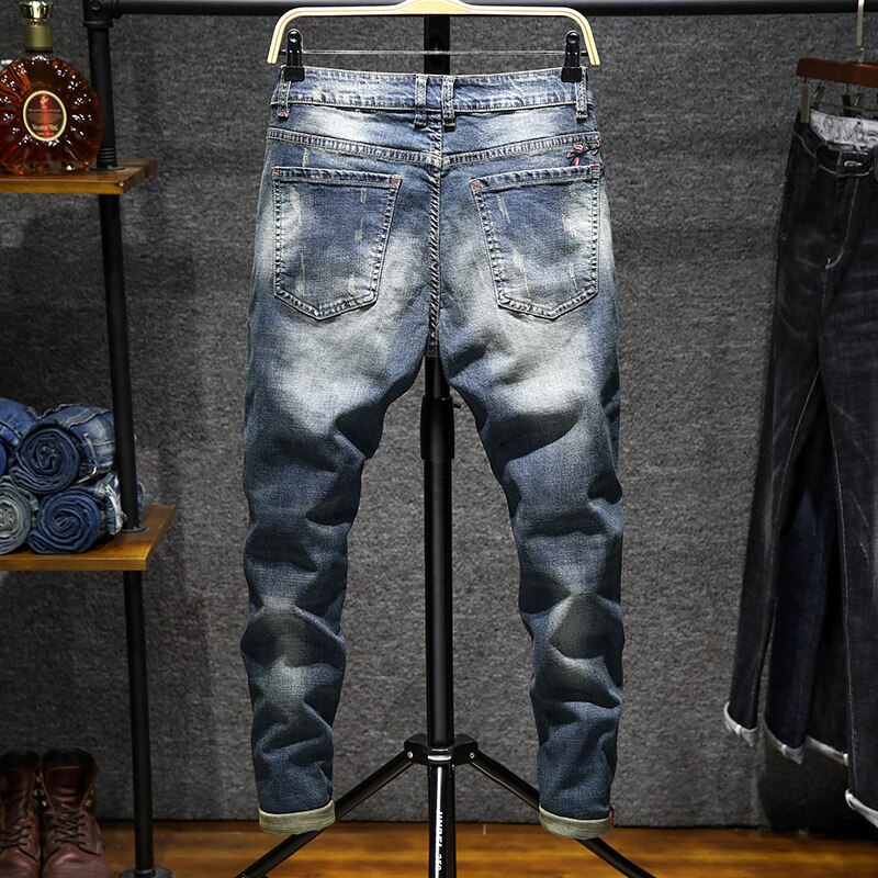 Pantalones ajustados informales con flores de ciruela para hombre, Vaqueros bordados, estilo Hip Hop, Punk, para novio,