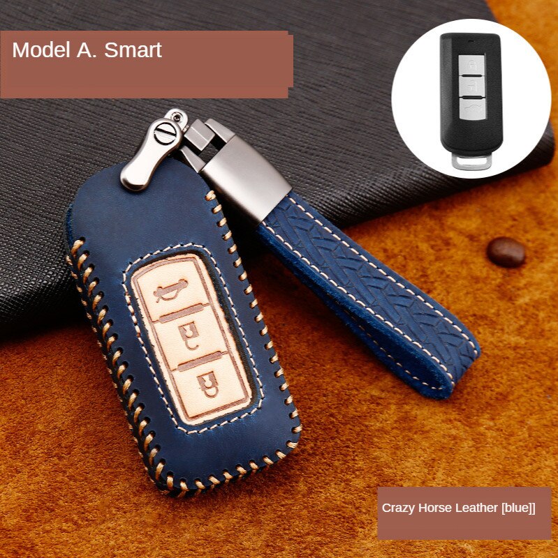 Leather car key case cover keychain For Mitsubishi Outlander Lancer 10 Pajero Sport EX ASX L200 Auto Bag: A blue