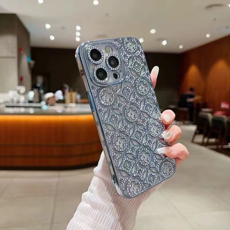 Modernt diamantformad blomma med fint hål i linsen, lämplig för iphone 15 14 13 12 11 pro max, stötdämpande bakstycke