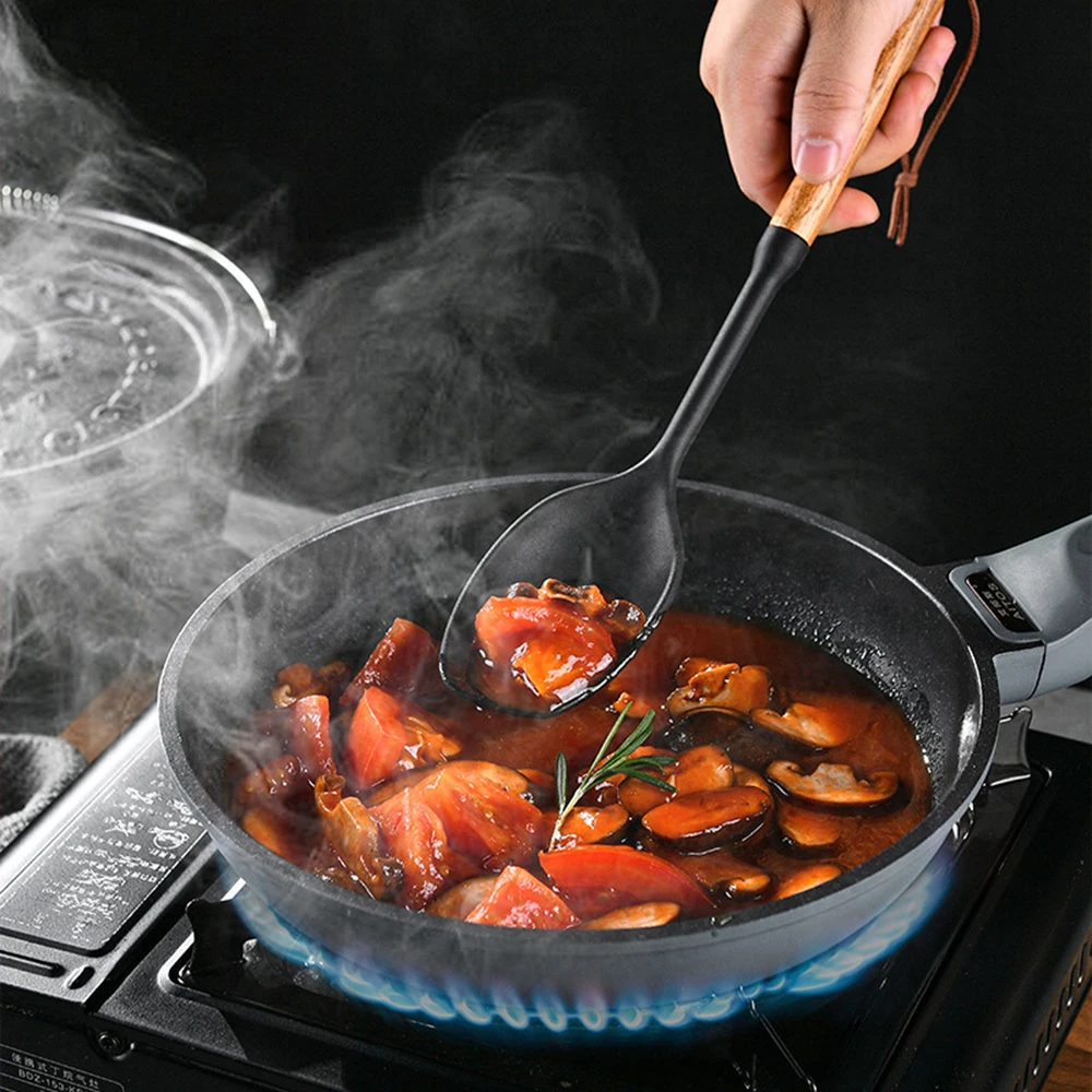 Juego de utensilios de cocina de silicona con mango de madera, espátula antiadherente, colador, cuchara para sopa, pala para freír, utensilios de cocina, 1/7 Uds.