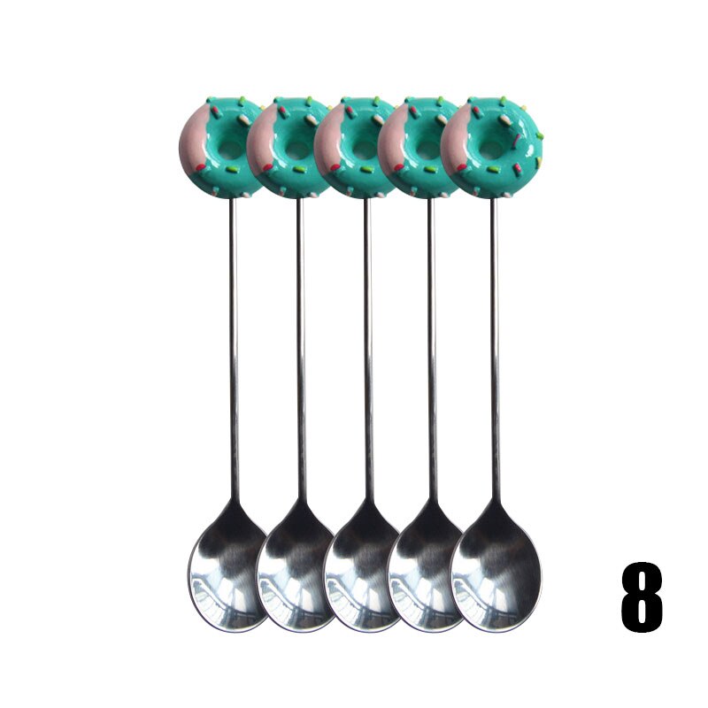5pcs Kitchen Stainless Steel Doughnut Donuts Coffee Tea Spoon Set/Stirring Stick/Fruit Dessert Pastries Fork Set Donut fork spoo: 8