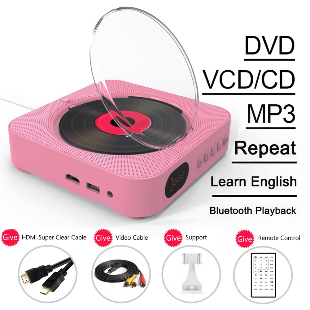 Bluetooth Wall-mounted CD Player Stereo Audio Early Learning Speaker Wireless Remote Control CD/DVD Mp3 FM Radio HiFi Speaker: Pink