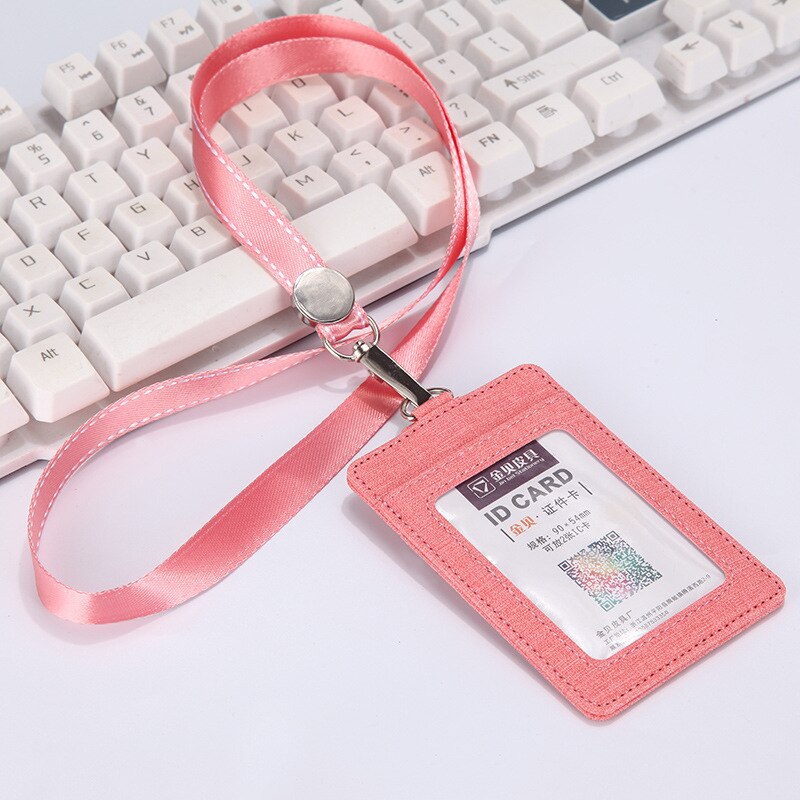 Work Badge Business Card Holder Men Women Worker with Rope Retractable PU Leather Employee Name ID Card Case Lanyard: pink