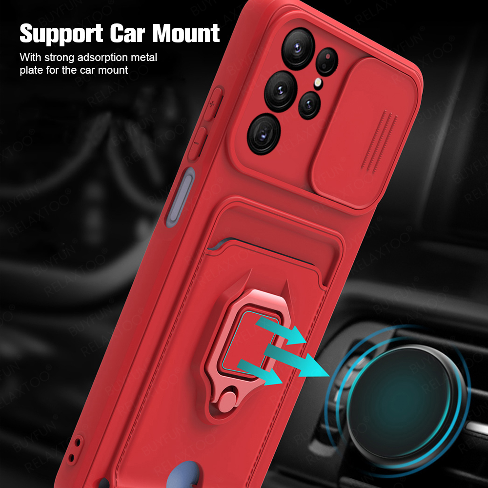 S22Ultra Case Push Slide Camera Protect Shockproof Cover For Samsung S22 Ultra S 22Ultra Car Magnetic Ring Stand Card Slot Cover