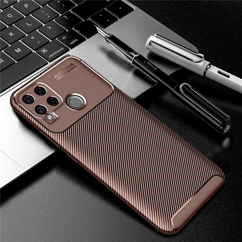 Voor Realme Narzo 30A Case Soft Silicon Cover Carbon Fiber Tpu Shockproof Case Voor Realme Narzo 30A Coques: Brown