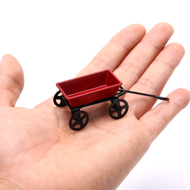 Metal Red Small Pulling Cart Garden Furniture Accessorie Home Decor Toy Ornament 1:12 Mini Cute Dollhouse Miniature