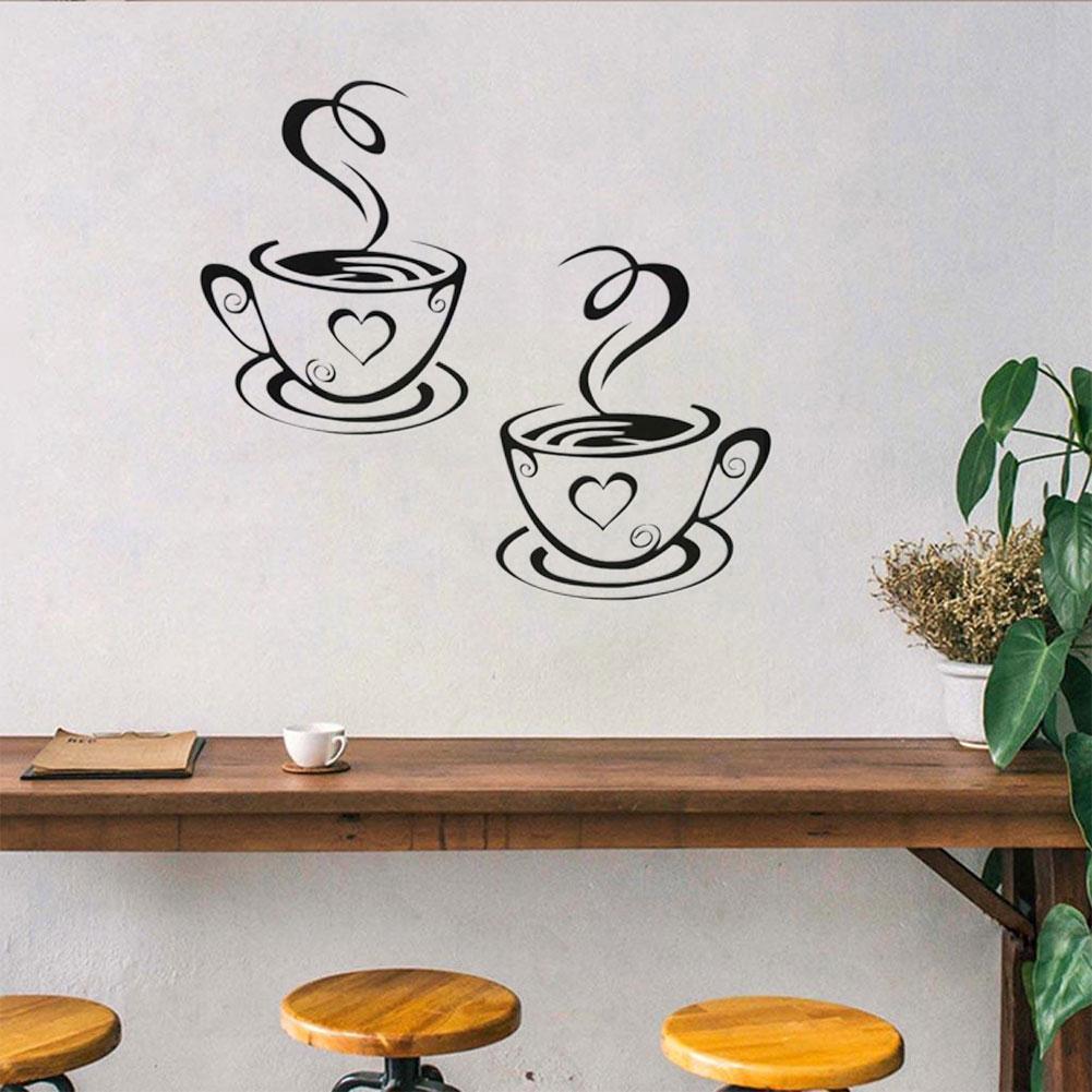 Autocollant mural de deux tasses de café, cuisine, Bar, pour salon, Restaurant, sparadrap d'art de fond, papier peint, décoration de la maison J0A3