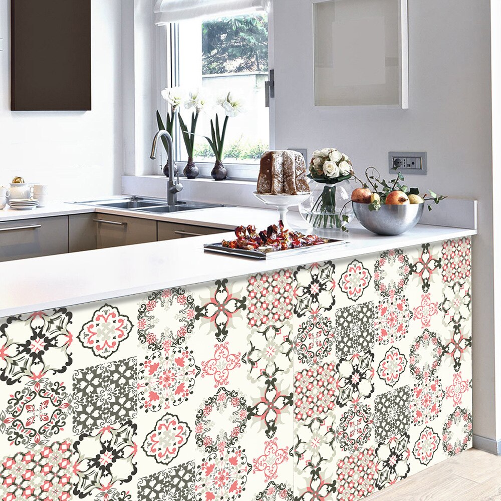 Farverig blomster ornament keramiske fliser vægklistermærke køkken garderobe skuffe dekoration tapet skræl & stick pvc kunst vægmaleri