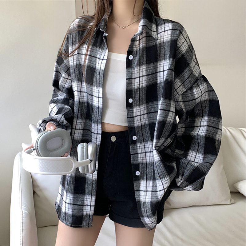 Camisa de flanela preta para mulheres, manga comprida, gola, botão, camisa xadrez tartan, jaqueta, adolescente, roupa casual diária