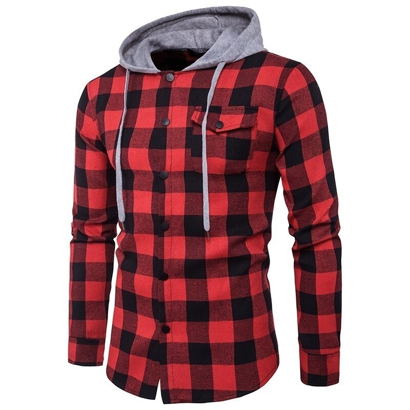 Camisas casuales a cuadros para hombre, camisas ajustadas de manga larga con capucha, estilos de algodón ajustados, ropa de marca para hombre, tops a cuadros cálidos de otoño de talla grande.: Rojo / S