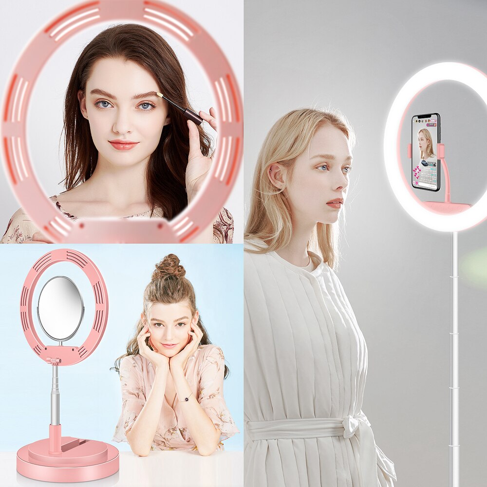 12Inch Make-Up Licht Vul Led Licht Usb Desktop Lamp Dimbaar Met Spiegel Telefoon Houder Uitschuifbare Stand Voor Selfie Make-Up