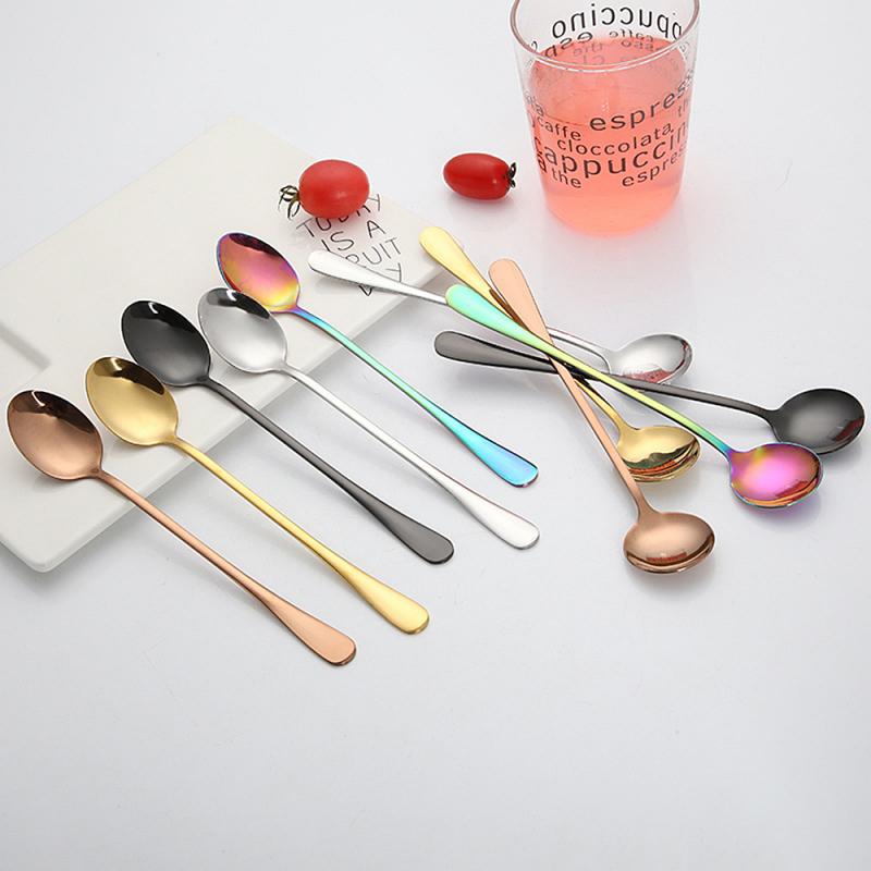 1pc Stainless Steel Mug Spoon 18.7cm 6Colors Round Head Coffee Spoon Long Handle Stirring Spoon Tea Spoon Dessert Spoon Tablewar