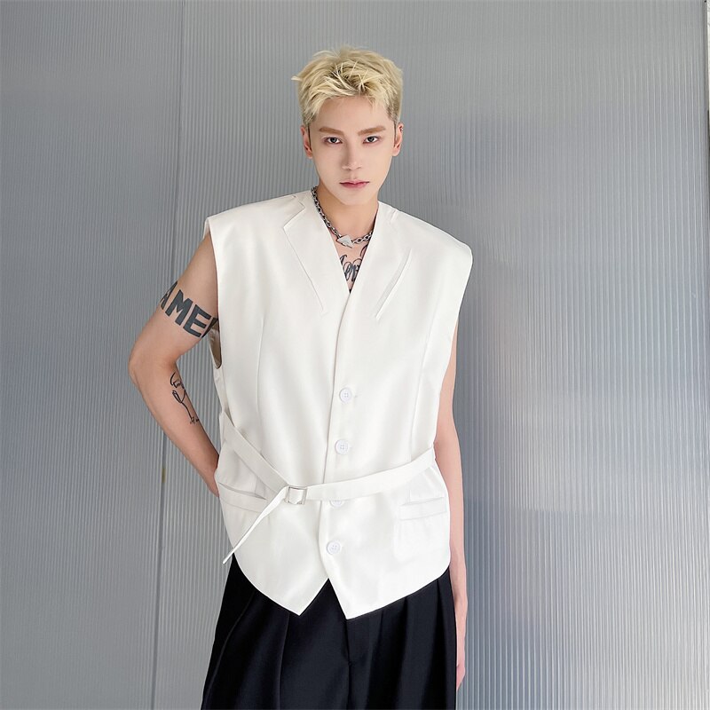 Men Korean Streetwear Vintage Loose Casual Suit Vest Male White Black Sleeveless Blazer Waistcoat Vest Jacket: 895 white / XL