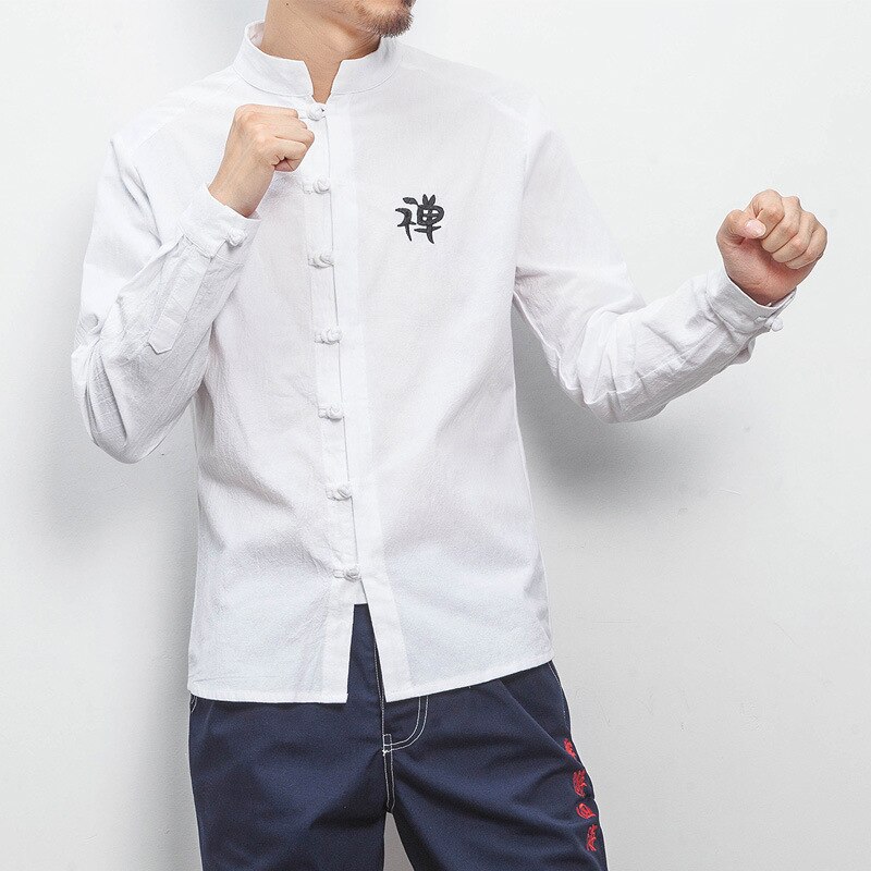 Män kinesisk topp hanfu linnebroderi skjortor vintage kungfu wu tang klan helärm traditionella kinesiska kläder för män: Vit / Xxxl