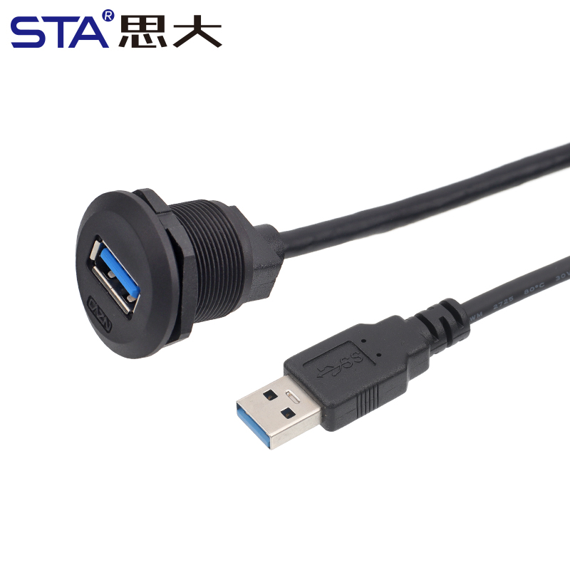USB2.0 Panel Board Front Installation Female Socket with Male Straight Plug PVC Threaded USB3.0 Connectors 30cm Wire USB-A: TYPE2
