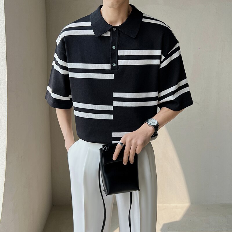 Polo a rayas para hombres, camisetas de punto de seda de hielo de manga corta, camisetas informales de negocios con solapa Social, ropa de verano 2022