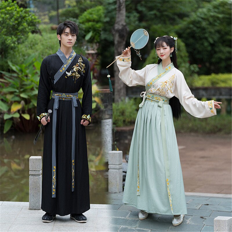 Disfraz de Hanfu Oriental para hombres y mujeres, traje Oriental bordado con falda y espadachín