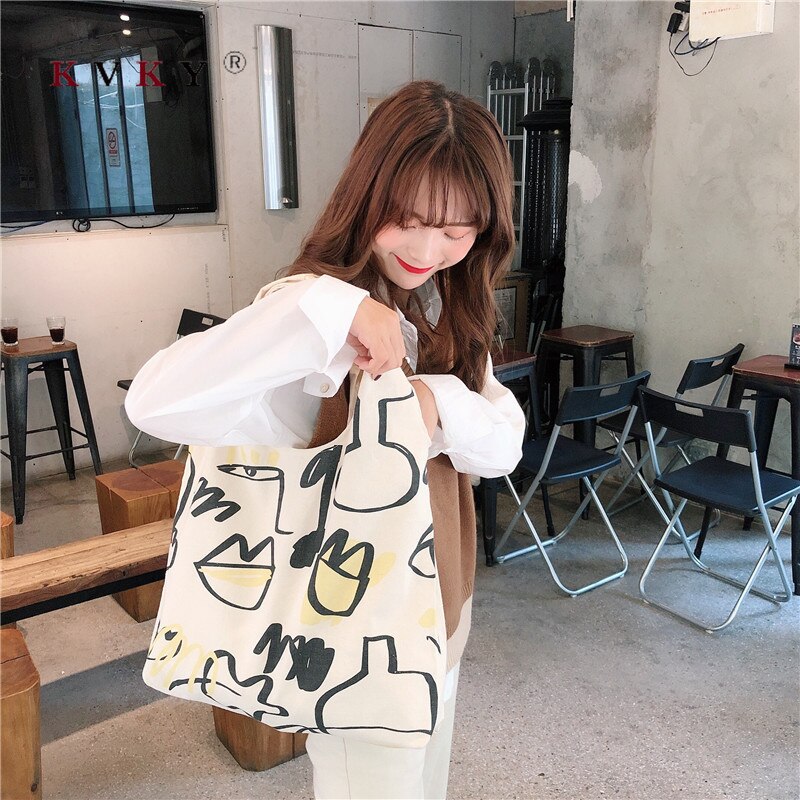 Women Shopping Bag Grocery Simple Print Letter Large Capacity Casual Canvas Wild Canvas Cotton Ecobag Totes Sac