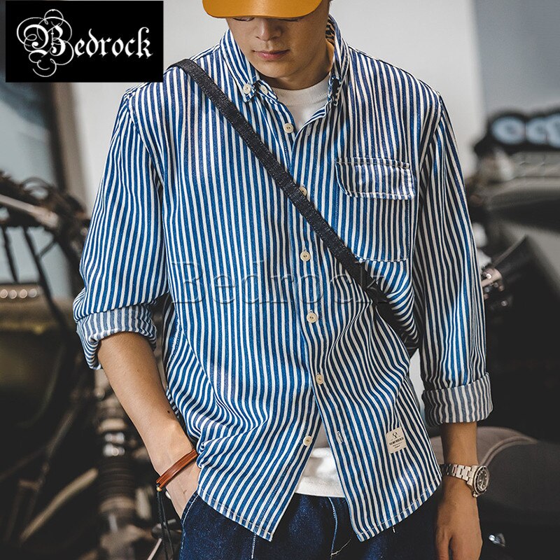Retro blue white denim rough vertical striped shirt long-sleeved lapel Slim all-match male shirt