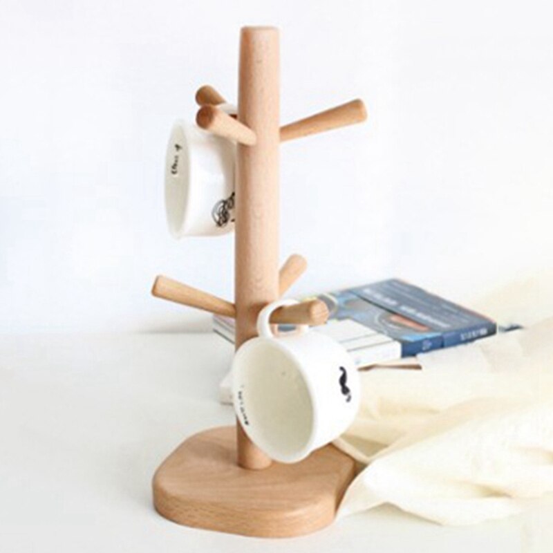 Soporte de madera para taza de café, estante de soporte de tronco de árbol de haya, 6 soporte para tazas y copas, soportes de despensa para encimera, colgador de estantes para tazas, exhibición de cocina